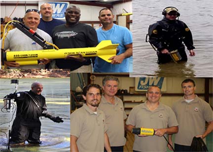 Clockwise from top left: Louisville Fire Dept dive team members with their Fisher side scan, Washtenaw County Sheriff's diver with Pulse 8X, Rochester Police dive team member with their SCAN-650 sonar, Chief David Pease of REDS Team with Pulse 6X and recovered handgun