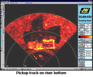 Scanning sonar image of pickup truck on bottom (Note Shadow)
