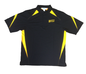 A black polo with yellow lines on it