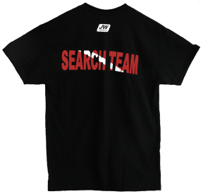 Back view of a black shirt with 'Search Team' text on it