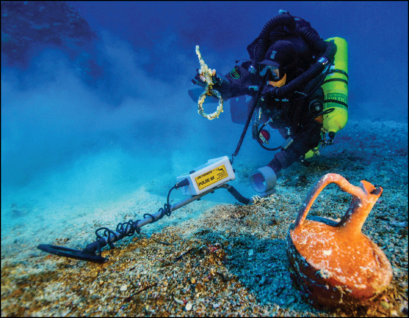 Diver recovering artifacts from Greek Wreck antikythera with p8x