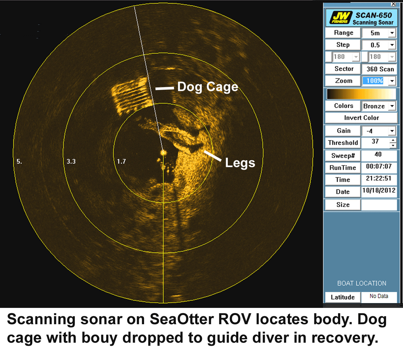 Scan-650 Scanning Sonar locates body, dog cage marker deployed