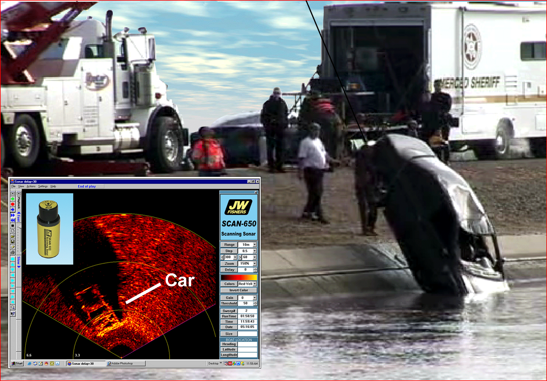 Main photo: Car being recovered from California drainage canal; Inset photo: Scanning sonar image of car on the bottom