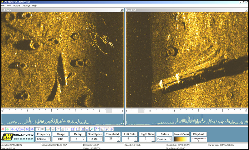 Side Scan image shows Mud Covered Tires and Banded Pilings (on right)